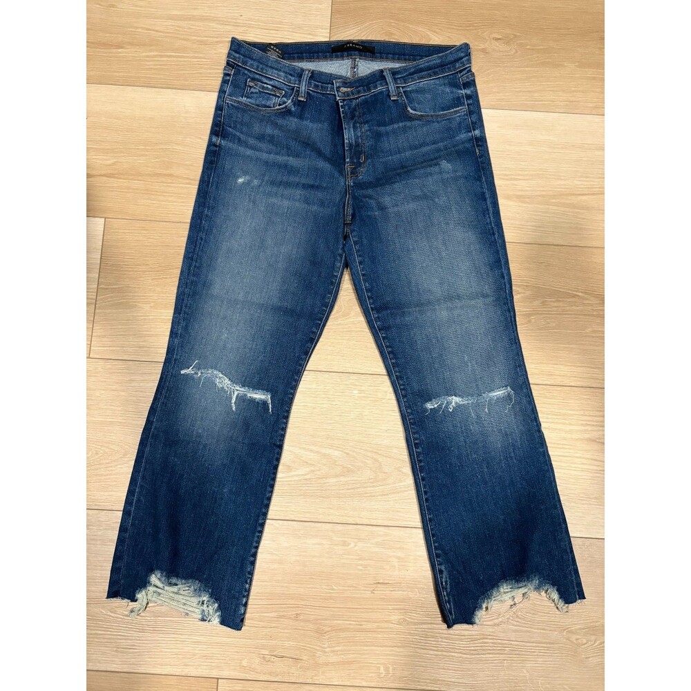 J Brand Women's 32 Mid Rise Cropped Bootcut Jeans Frayed Hem Distressed Knee Den